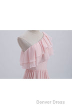 Ruffles Pink One Shoulder Chiffon A Line Long Bridesmaid Dresses