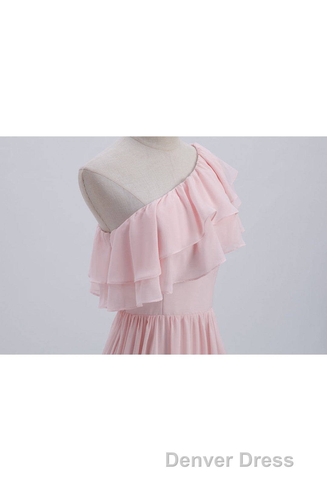 Ruffles Pink One Shoulder Chiffon A Line Long Bridesmaid Dresses