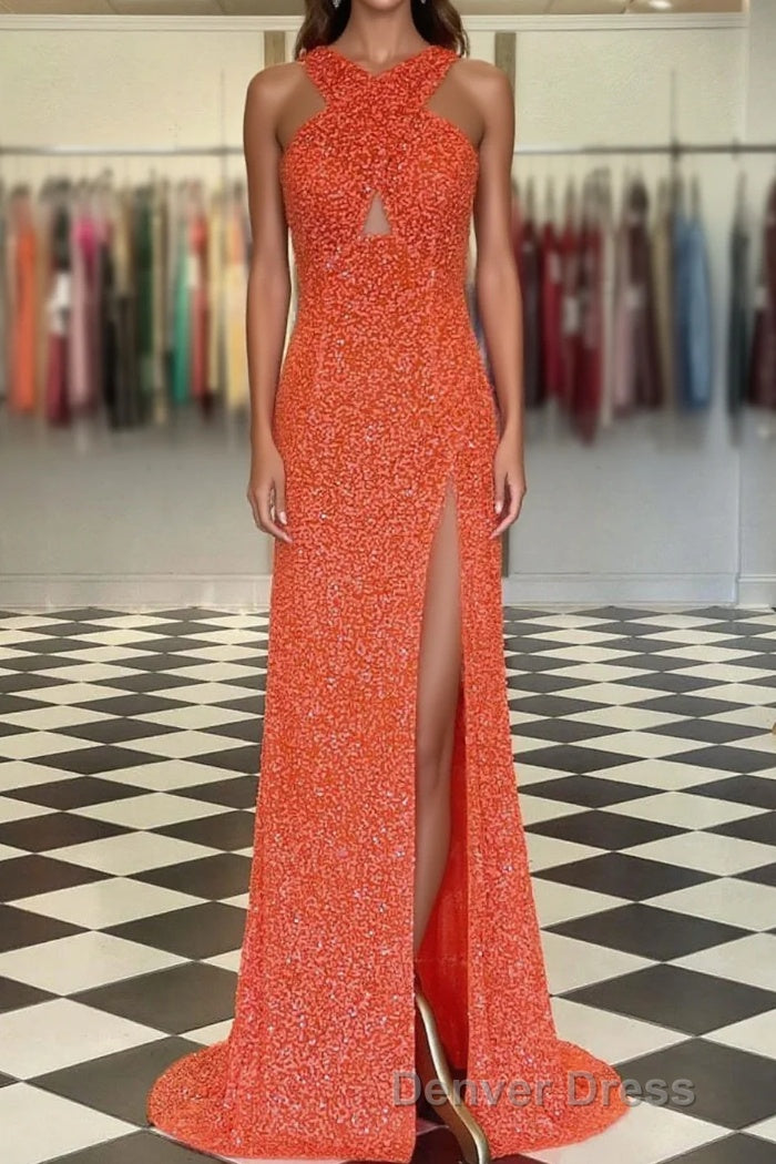 Fitted Criss Coss Neck Orange Prom Dresses with Slit