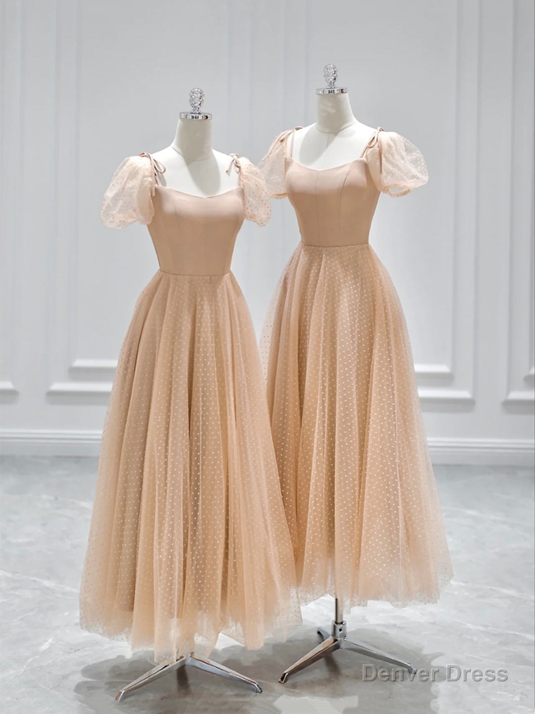 Cute Tulle Tea Length Prom Dress, A-Line Short Sleeve Evening Dress Main image