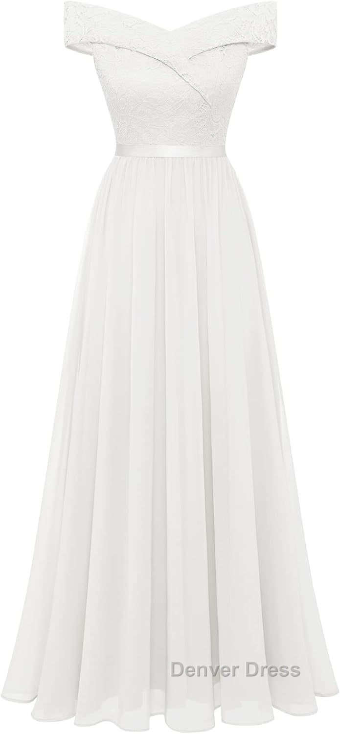 Womens Lace Bridesmaid Dresses A-Line Off Shoulder Floral Lace Chiffon Prom Dresses