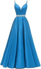 Spaghetti Straps Prom Dress Long Satin Beaded V-Neck Formal Evening Party Ball Gowns with Pockets