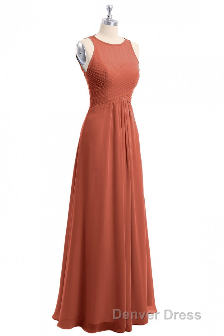 Rust Orange Crew Neck Backless A-Line Long Bridesmaid Dresses