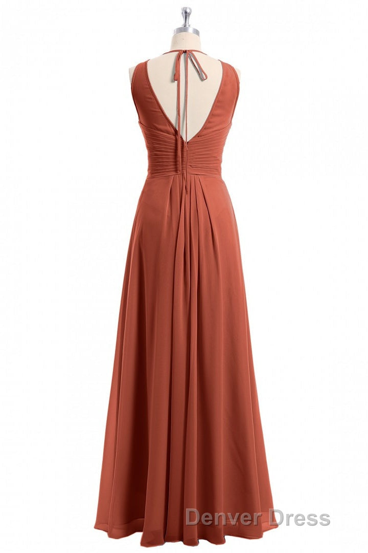 Rust Orange Crew Neck Backless A-Line Long Bridesmaid Dresses