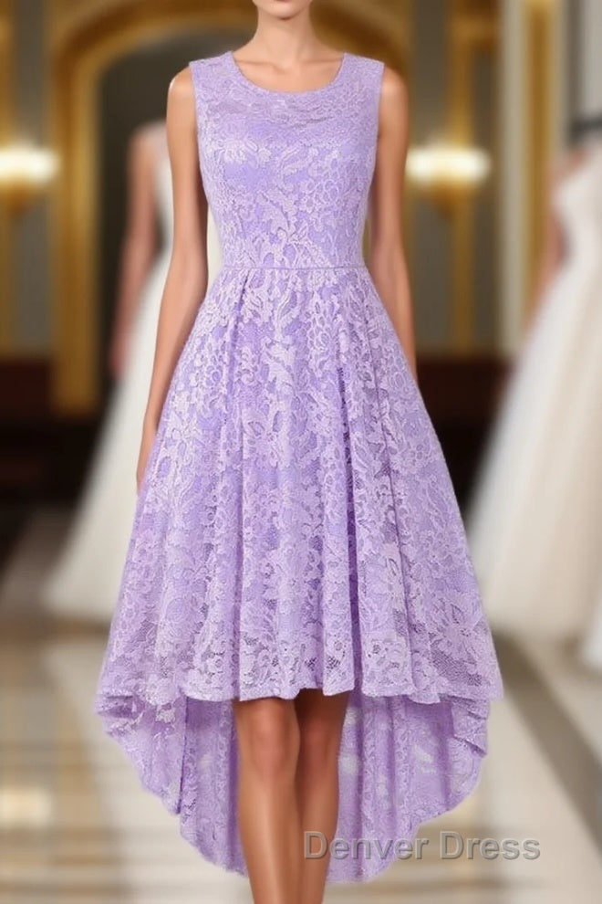 Sleeveless Hi-Low Lace Lavender Party Dresses