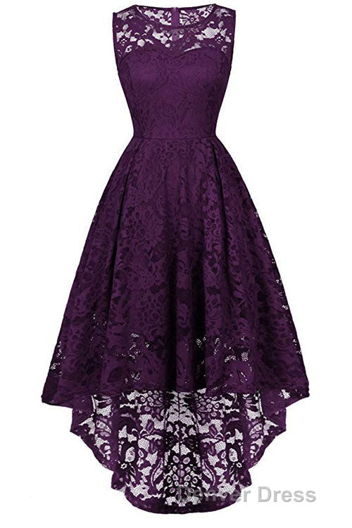 Sleeveless Hi Low Lace Lavender Prom Dresses