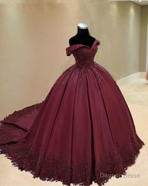burgundy ball gown quinceanera dresses lace off the shoulder Main image