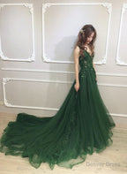 Dark Green Low Back Beaded Lace V Neckline Prom Dress, A Line Prom Dresses