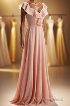 Peach Ruffles A lline Chiffon Long Bridesmaid Dresses with Tie Back