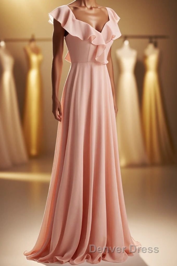 Peach Ruffles A lline Chiffon Long Bridesmaid Dresses with Tie Back
