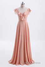 Peach Ruffles A lline Chiffon Long Bridesmaid Dresses with Tie Back