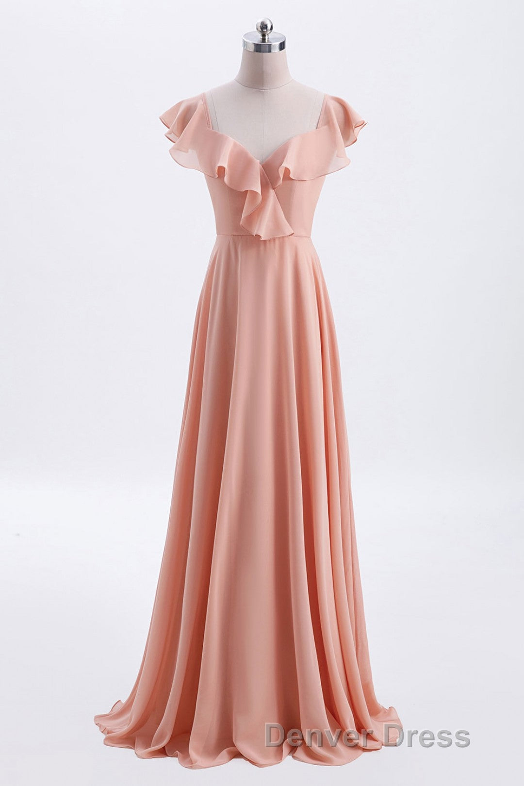 Peach Ruffles A lline Chiffon Long Bridesmaid Dresses with Tie Back