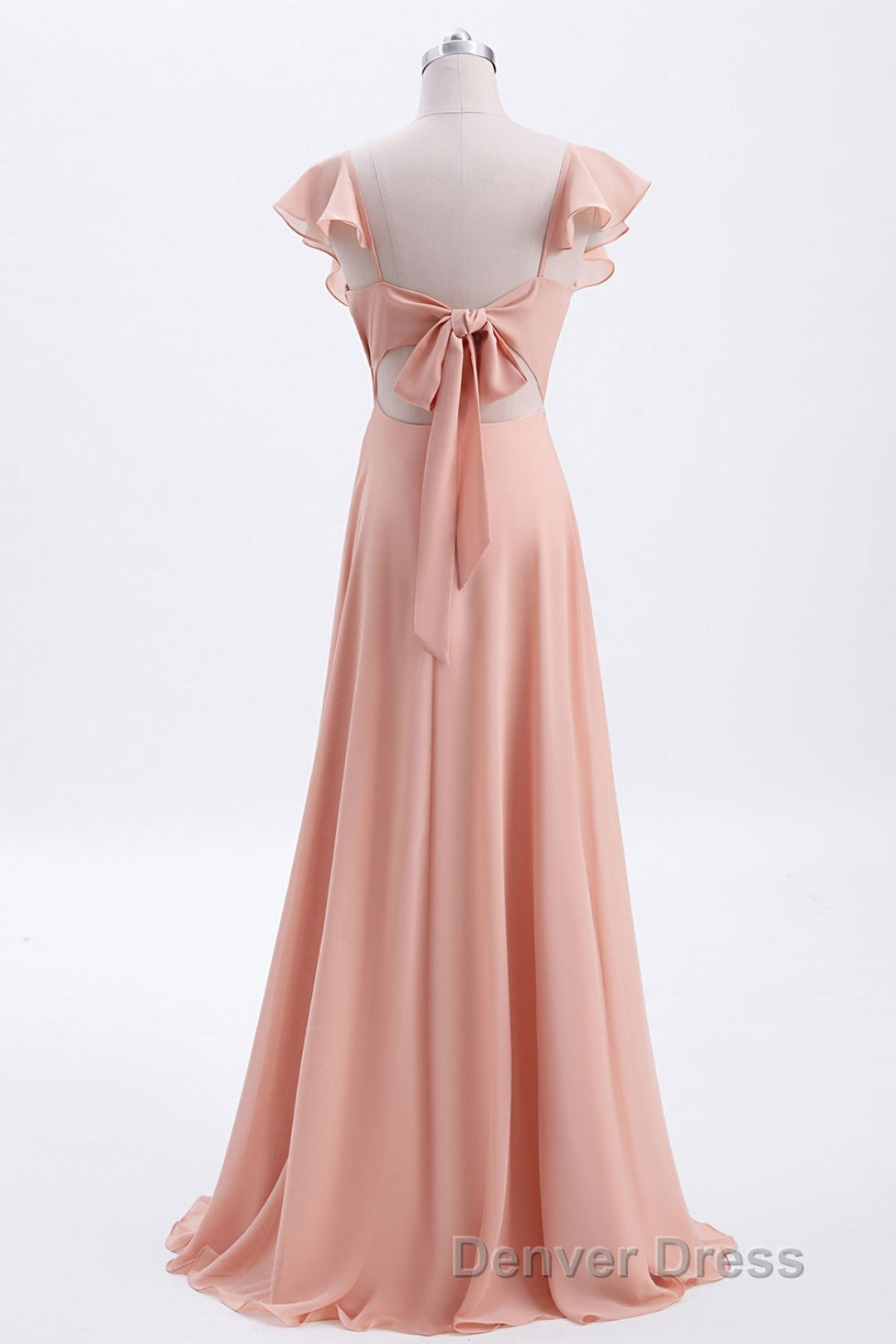Peach Ruffles A lline Chiffon Long Bridesmaid Dresses with Tie Back Secondary image