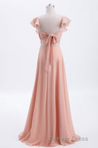 Peach Ruffles A lline Chiffon Long Bridesmaid Dresses with Tie Back