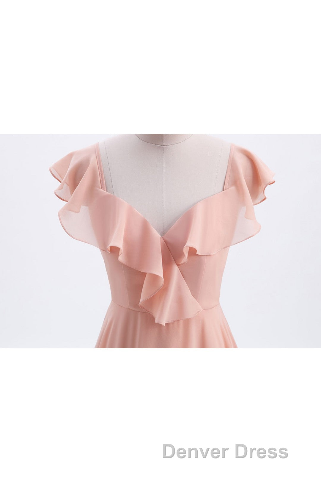 Peach Ruffles A lline Chiffon Long Bridesmaid Dresses with Tie Back