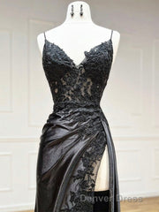 Dark Blue V Neck Satin Lace Long Prom Dresses, Dark Blue Lace Long Evening Dresses