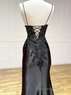 Dark Blue V Neck Satin Lace Long Prom Dress, Dark Blue Lace Long Prom Dresses