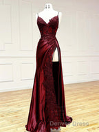Dark Blue V Neck Satin Lace Long Prom Dress, Dark Blue Lace Long Prom Dresses