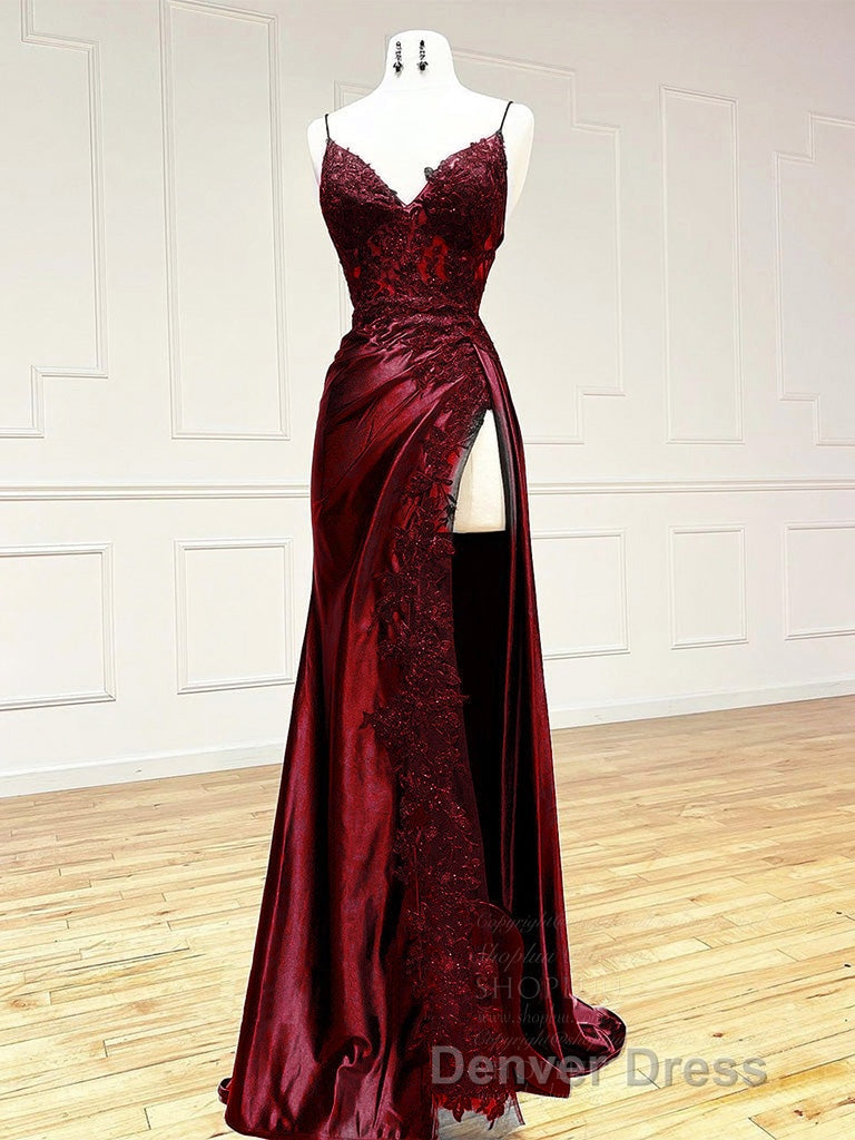 Dark Blue V Neck Satin Lace Long Prom Dress, Dark Blue Lace Long Prom Dresses