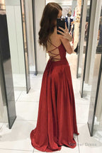 Red Spaghetti Straps V Neck Long Prom Dresses, Shiny A Line Prom Gowns