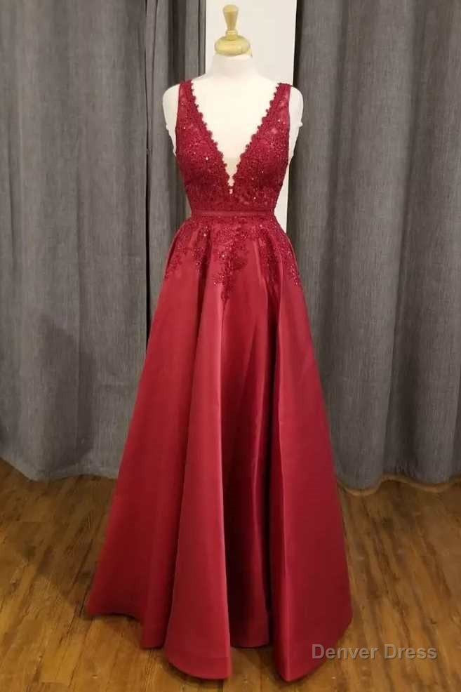 Red Lace Satin Plunge V A Line Prom Dresses Main image