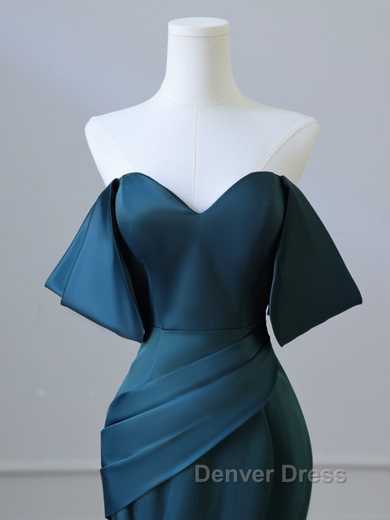 Simple Off Shoulder Satin Ink Blue Long Prom Dresses, Ink Blue Long Formal Dresses