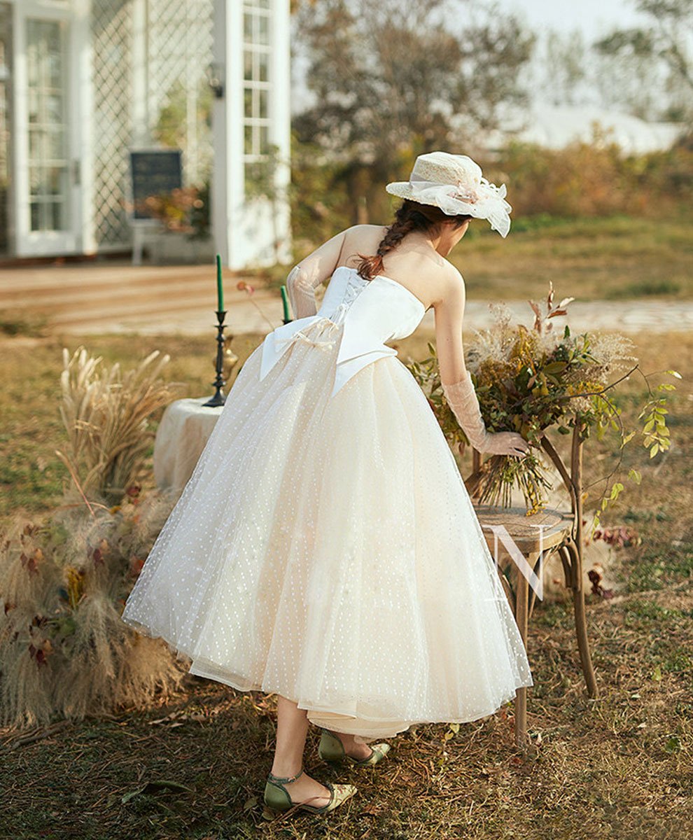 Champagne Tulle Retro Short Dress Tulle Tea Length Prom Dresses