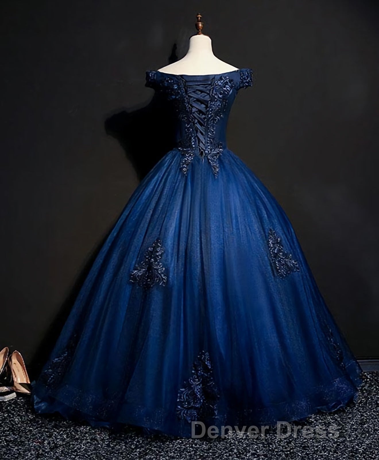 Blue Tulle Lace Off Shoulder Long Prom Dress, Blue Tulle Lace Prom Dresses