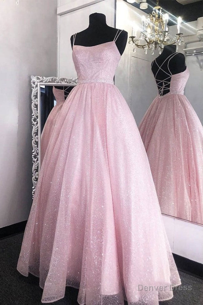 Shiny Light Pink Long Prom Dresses,Back Open Prom Gowns Main image