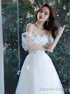 White Sweetheart Off Shoulder Tulle Lace Tea Length Prom Dresses