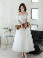 White Sweetheart Off Shoulder Tulle Lace Tea Length Prom Dress