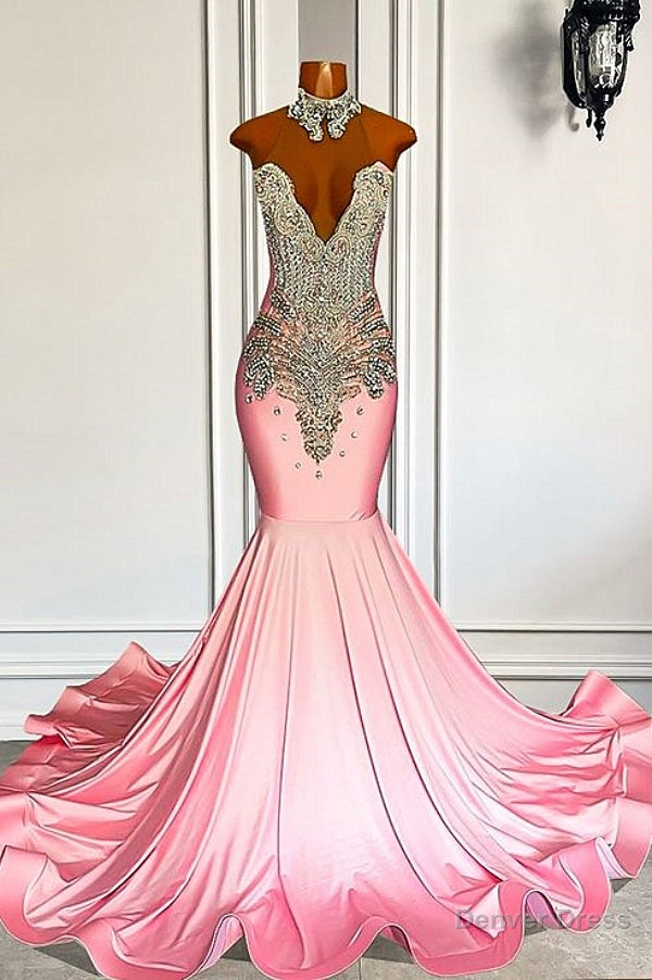Sweetheart Silver Beaded Pink Mermaid Satin Prom Dresses Main image
