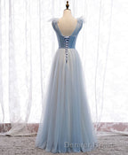 Simple Blue V Neck Tulle Long Prom Dresses, Blue Formal Dresses
