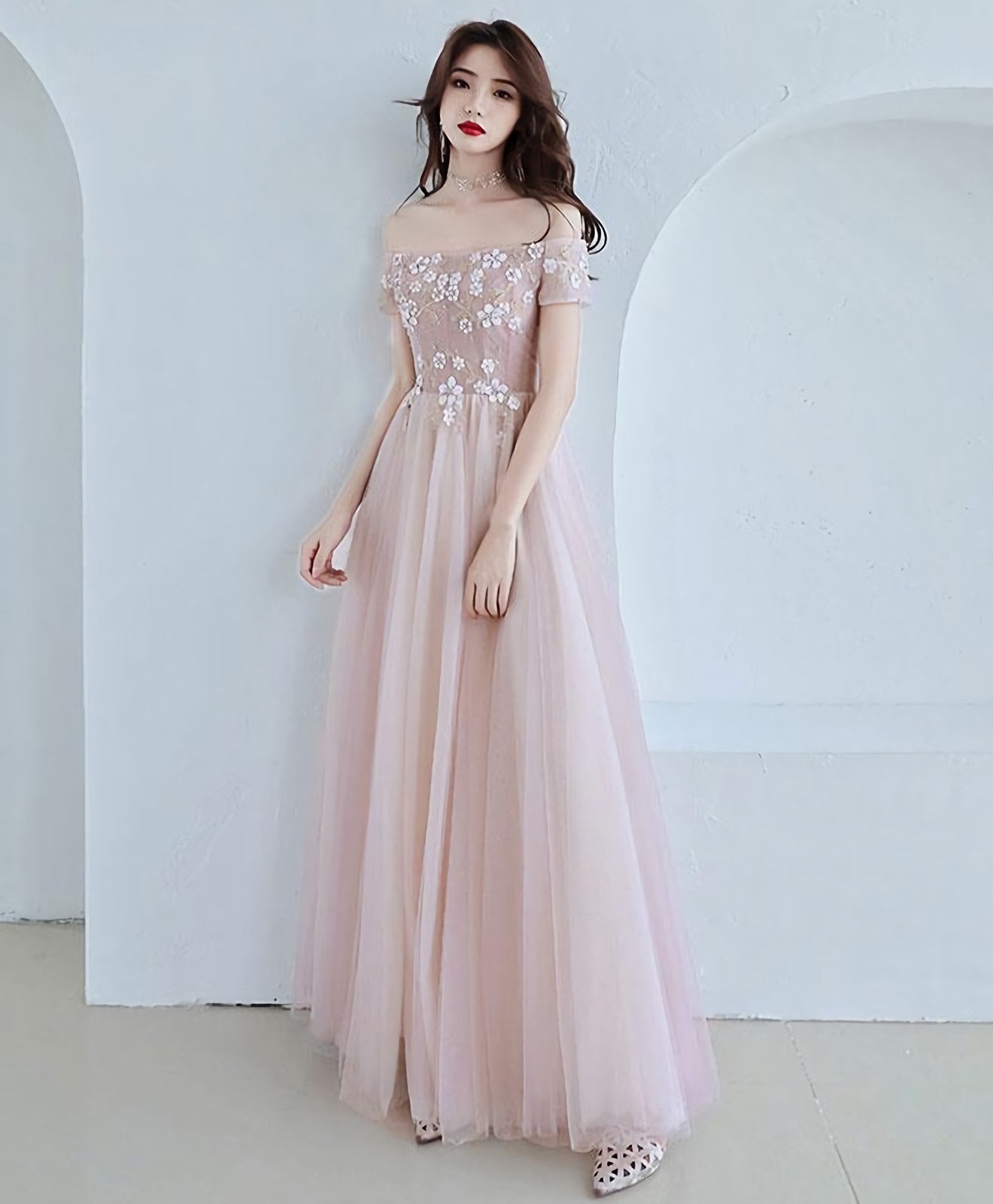 Pink Tulle Lace Long Prom Dress Pink Bridesmaid Dresses 1