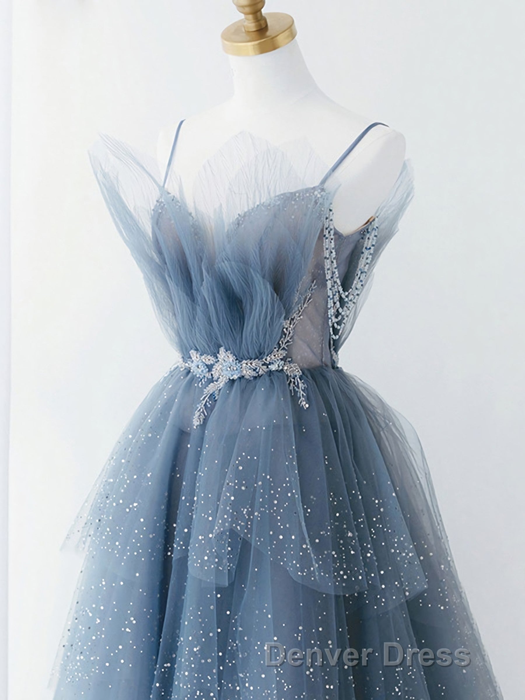 Gray Blue Tulle Beads Long Prom Dresses, Blue Tulle Formal Dresses Secondary image
