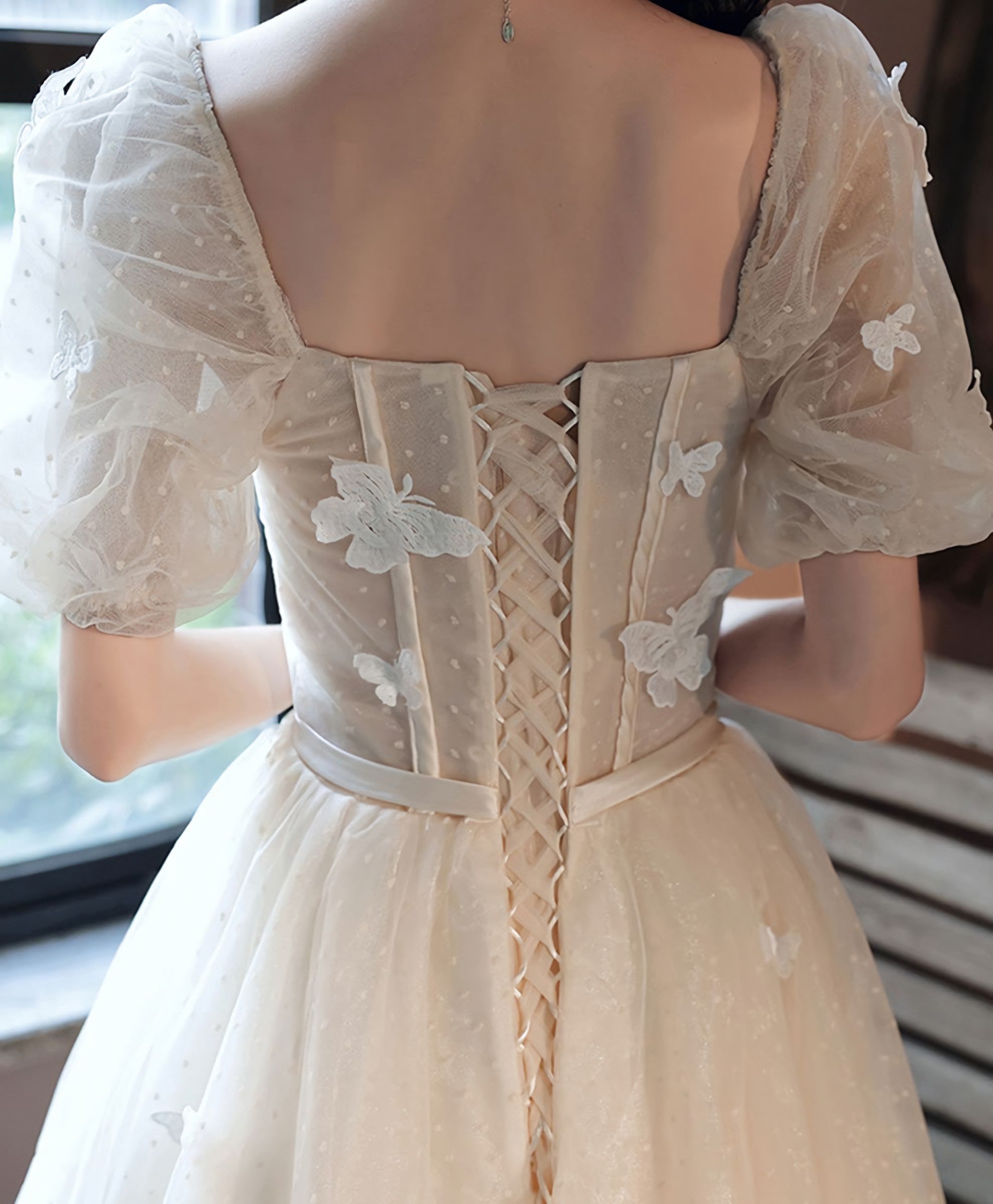 Light Champagne Tulle Long Prom Dress Light Champagne Prom Dresses