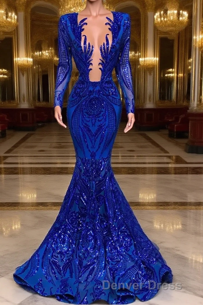 Hot Sparkle Royal Blue Sequin Long sleeves Mermaid Prom Dresses Main image