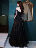 Black Tulle Off Shoulder Tulle Long Prom Dress, Black Prom Dresses