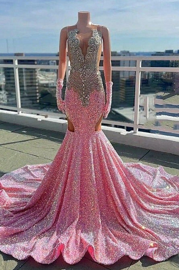 V Neck Silver Beaded Pink Long Prom Dresses with Cutout Main image
