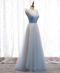 Simple Blue V Neck Tulle Long Prom Dresses, Blue Formal Dresses