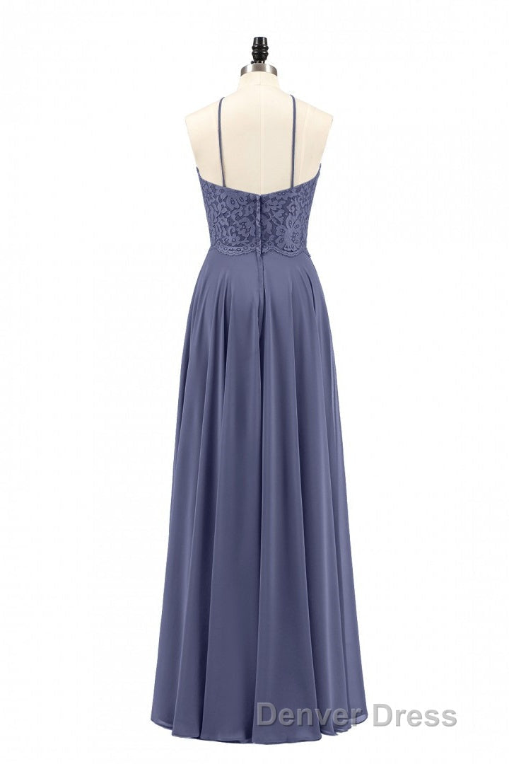 Navy Blue Chiffon Halter Backless A Line Long Bridesmaid Dresses