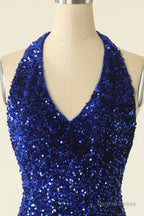 Royal Blue Sequin Halter Open Back Short Homecoming Dresses