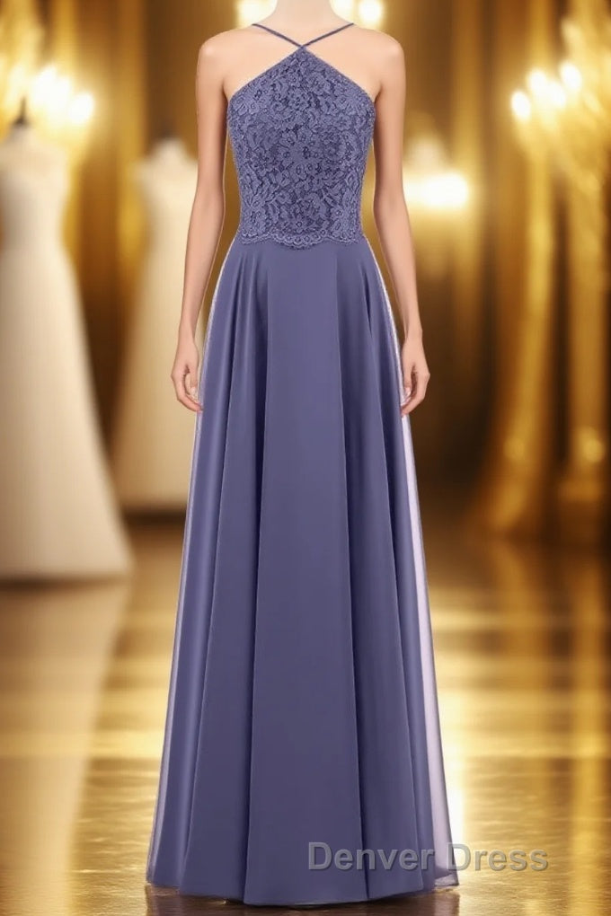 Navy Blue Chiffon Halter Backless A Line Long Bridesmaid Dresses