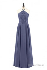 Navy Blue Chiffon Halter Backless A-Line Long Bridesmaid Dress