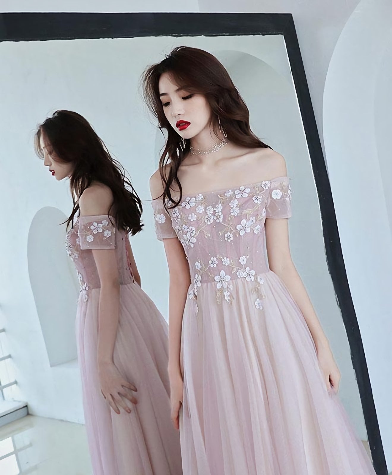 Pink Tulle Lace Long Prom Dress Pink Bridesmaid Dresses 1