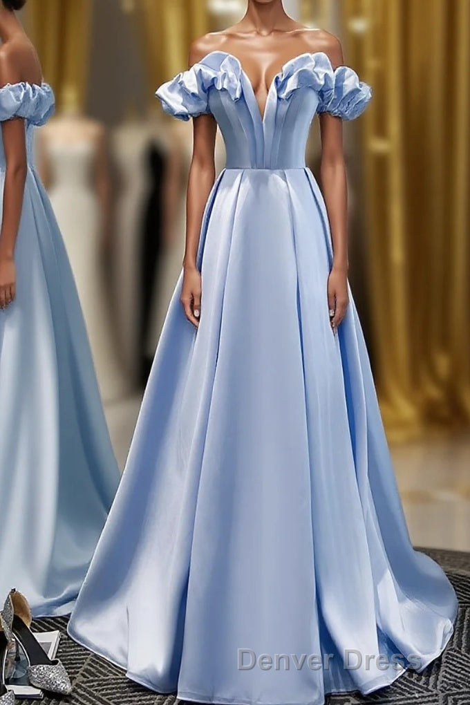 Blue A Line Off Shoulder Long Prom Dresses, Blue Evening Dresses Main image