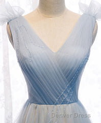Simple Blue V Neck Tulle Long Prom Dresses, Blue Formal Dresses