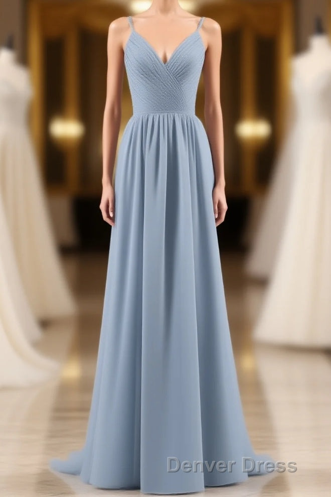 Dusty Blue Chiffon Cutout Back A Line Long Bridesmaid Dresses Main image