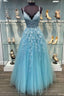Blue V Neck Tulle Lace Long Prom Dress Blue Tulle Lace Prom Dresses