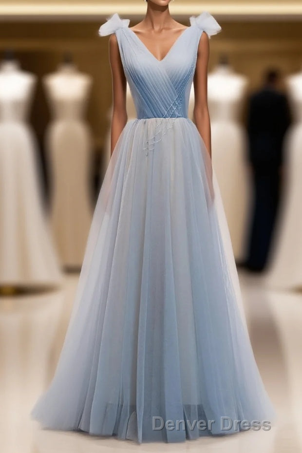 Simple Blue V Neck Tulle Long Prom Dresses, Blue Formal Dresses Main image